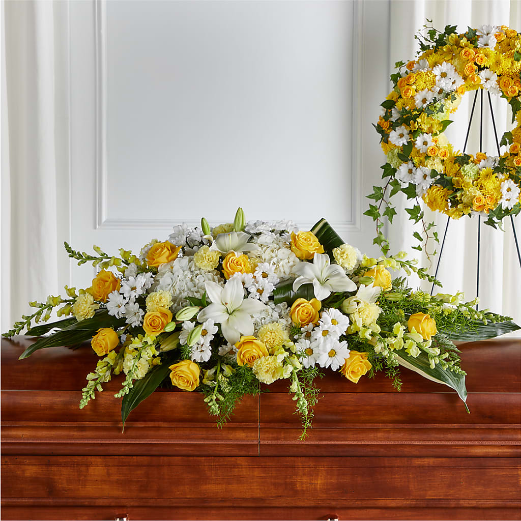 Golden Harmony Casket Spray –  Hartland Flowers And Events, Hartland MI